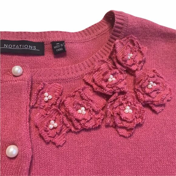 Vintage Pearl Button Floral Rosette Appliqué Rockabilly Cardigan Pink Sz M - Picture 4 of 12